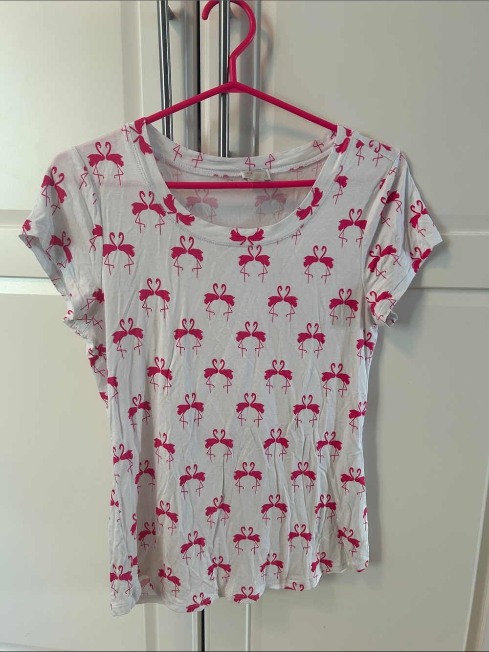 Cupio White Tee with Pink Flamingo Pattern